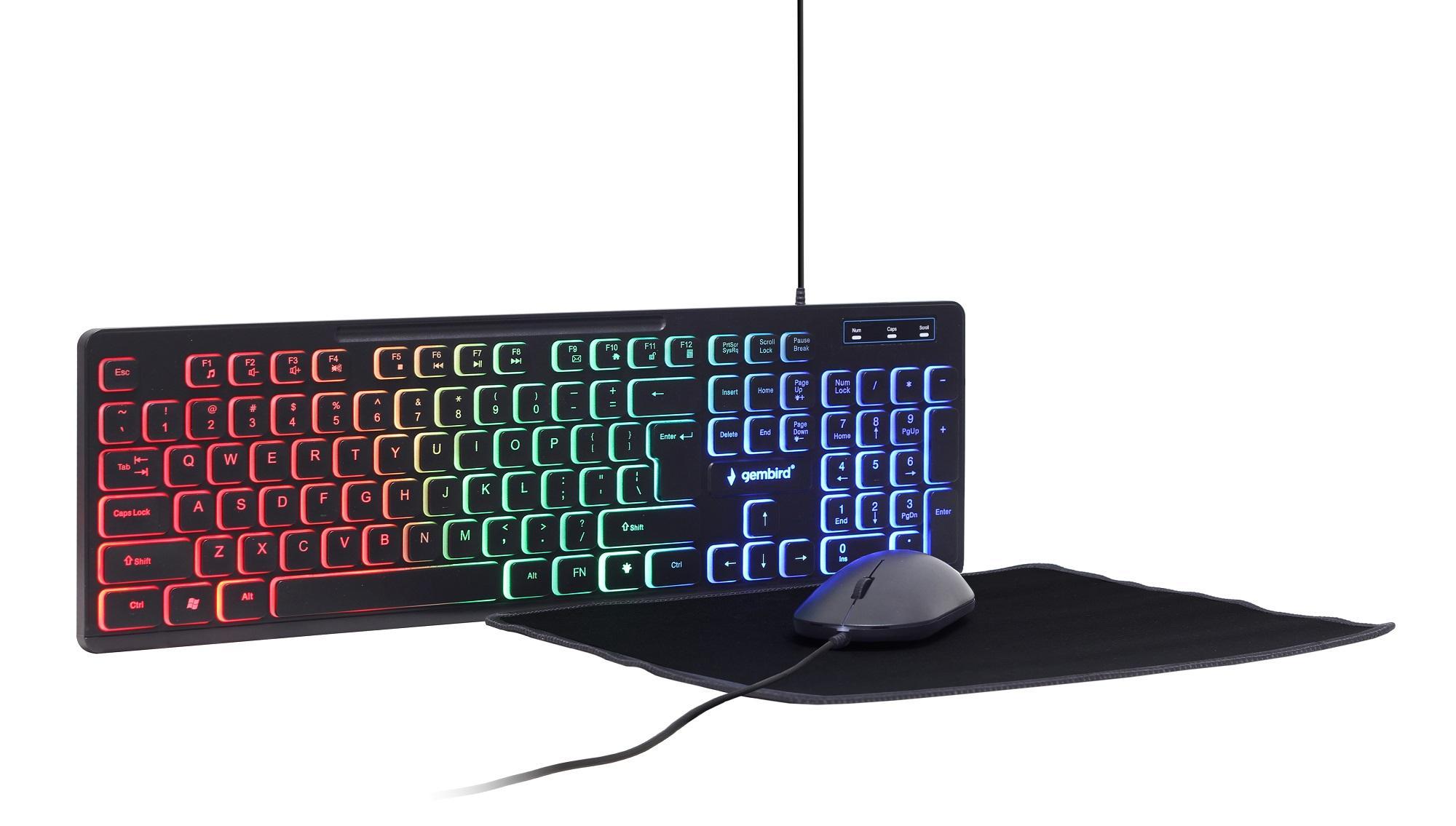 Zestaw 3 w 1 klawiatura multimedialna z podświetleniem RGB z myszką i podkładką Gembird KBS-UML-01